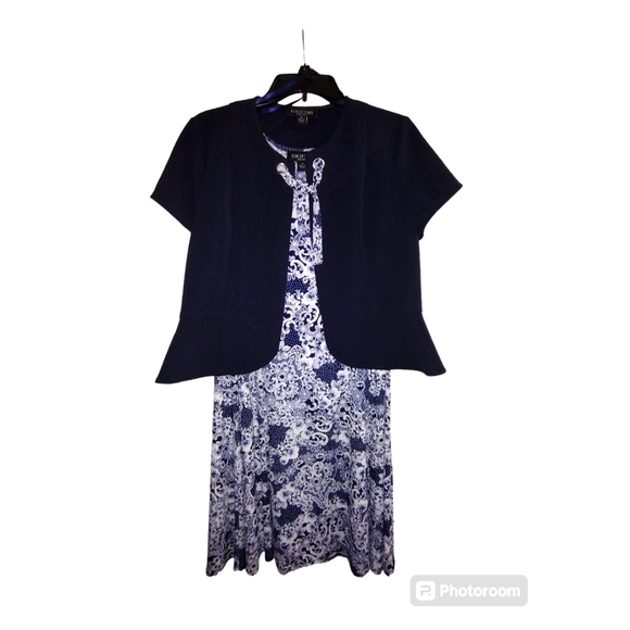 EUC Beautiful Navy Blue and white 2 piece Perceptions New York dress and jacket - Picture 1 of 7